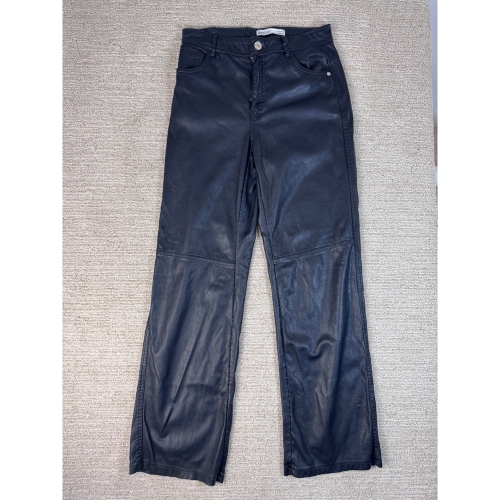 Bershka Black Faux Leather Wide Leg Pants High Waisted Size M 28
